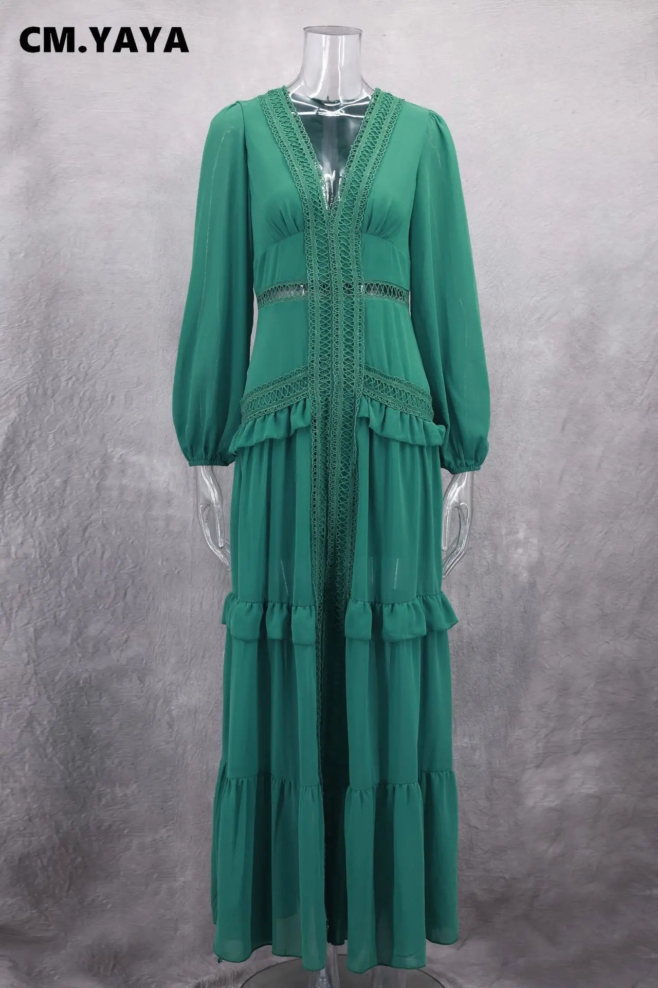 CM.YAYA Women V-neck Full Sleeve Ruffles Lace Long Maxi Dress 2025 Spring Beach Holiday Party Sexy Street Vestidos Sexy Dresses