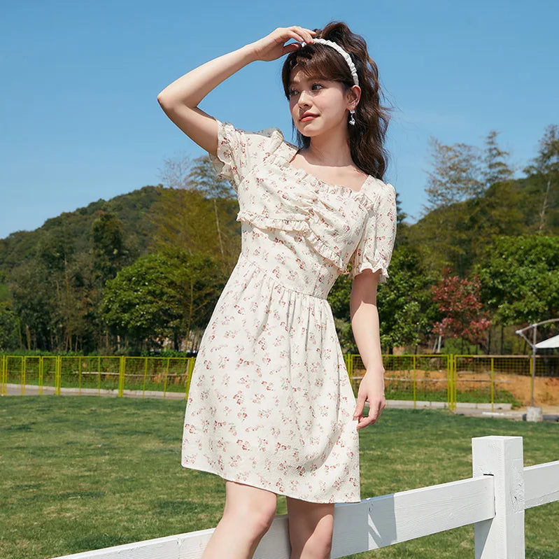 Dress Women Waist Stringy Selvedge Summer Romantic Puff Sleeves Square Neck Textured Floral Skirt