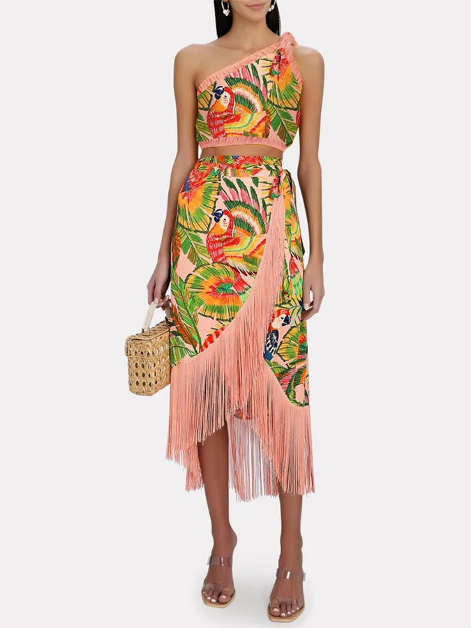 Vintage One-Shoulder Embroidered Print Bikini And Fringe Skirt Sexy Lingerie For Women Fashion Luxury Elegance Slim Fit Gold