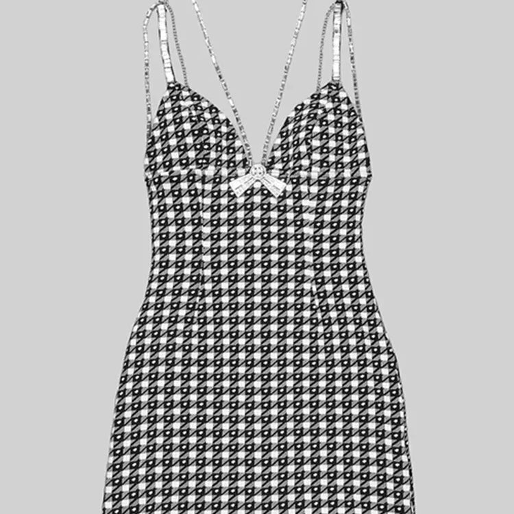 Women Summer Sexy Sleeveless Beading V Neck Houndstooth Mini Bodycon Prom Dress Elegant Evening Party Cocktail Club Dresses