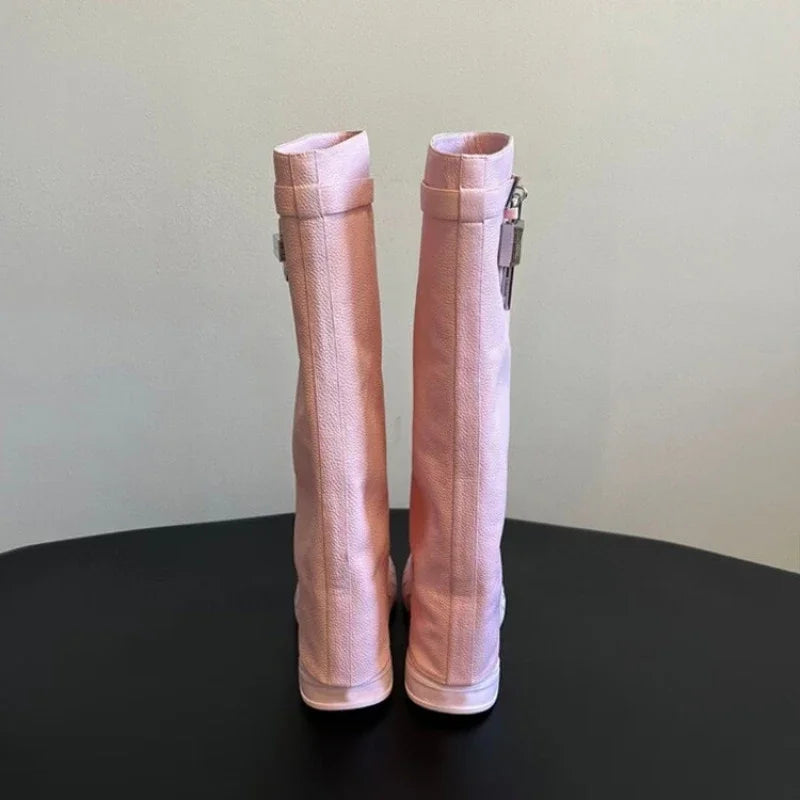 Leather Metal Padlock Woman Knee Length Boots Black Pink Slope Heel Autumn Winter Skirt Boots Size 35-43 Women Shoes