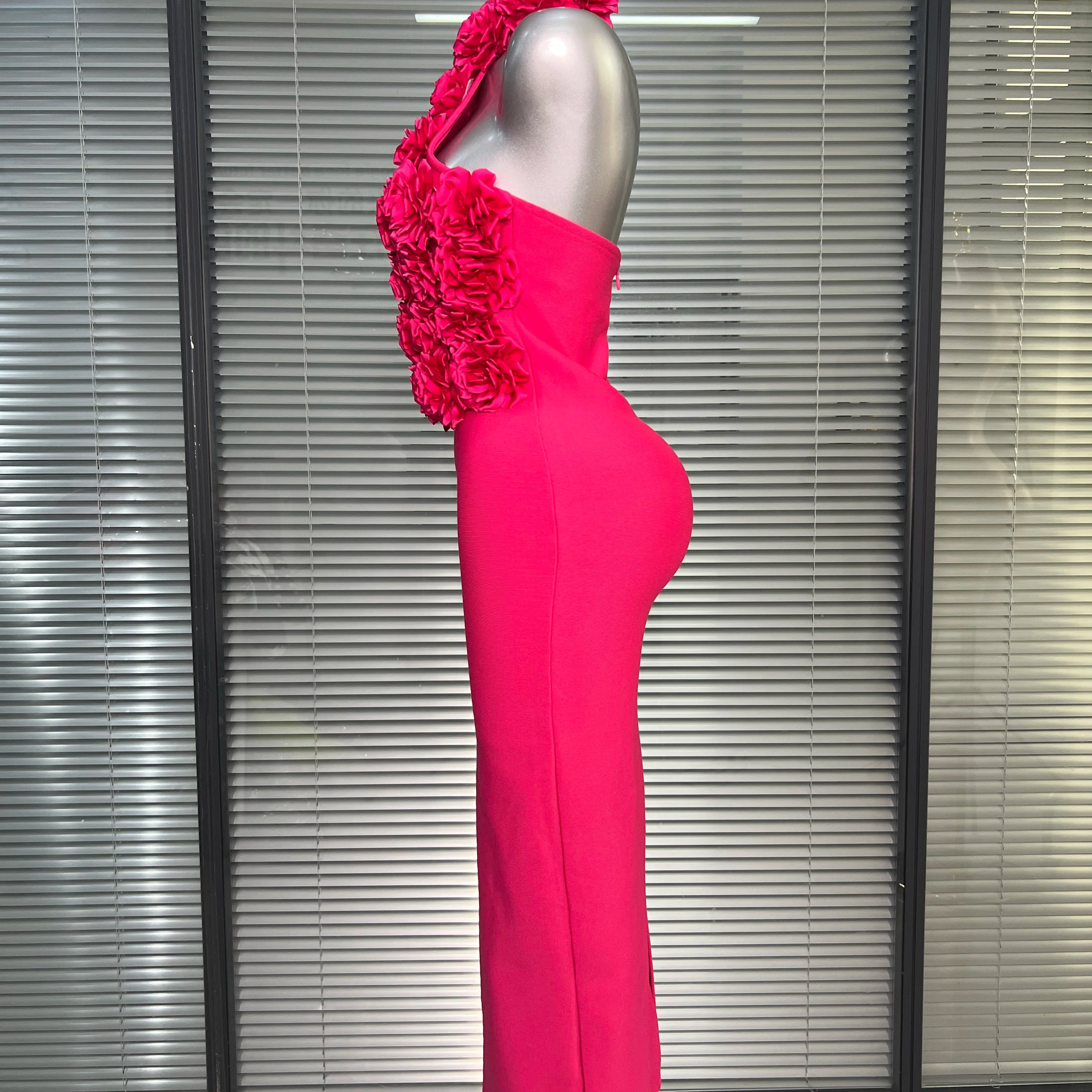 Women Sexy Hot Pink Flower Halter Long Bodycon Bandage Dress Birthday Backless Celebrity Party Dress