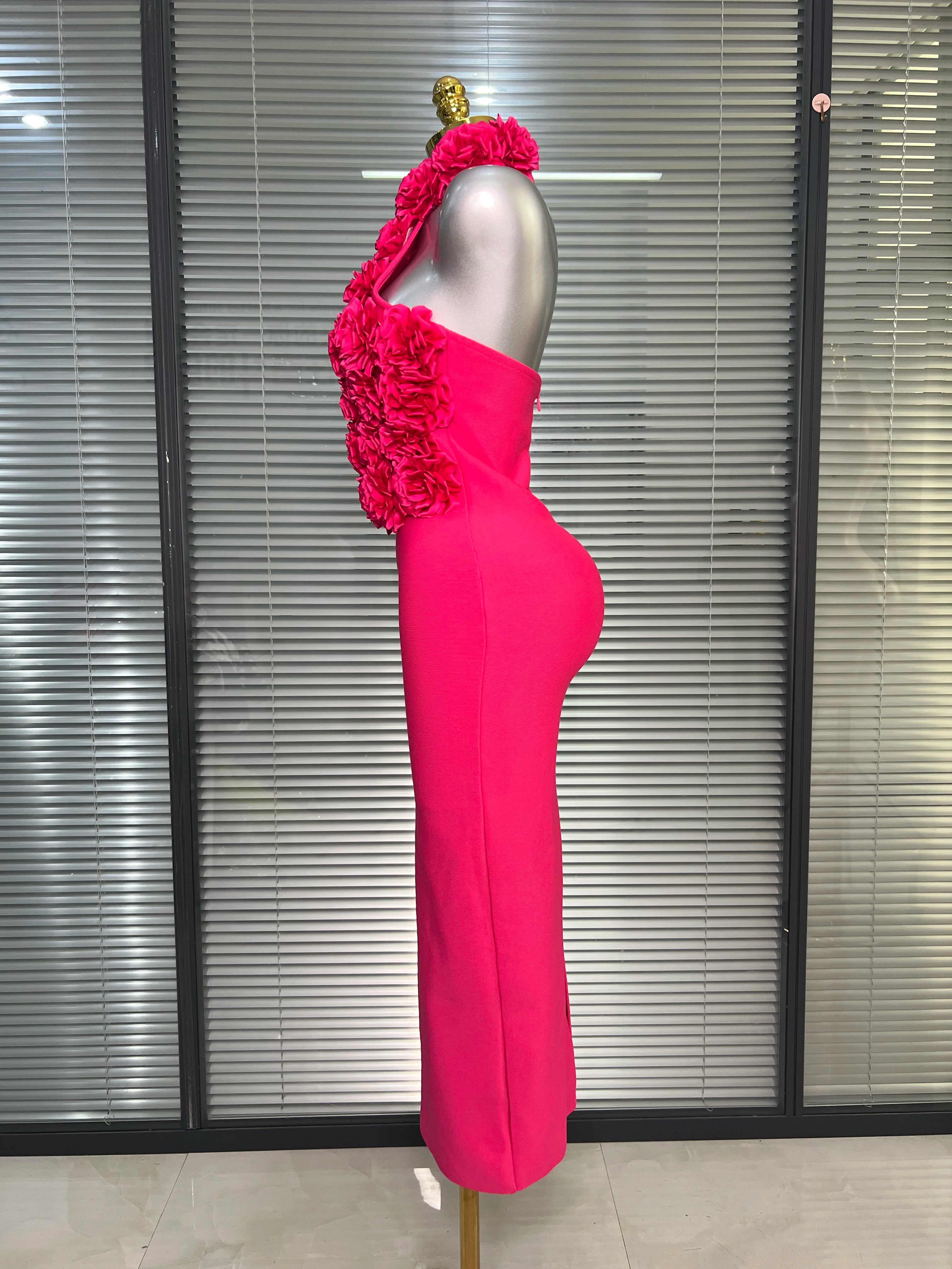 Women Sexy Hot Pink Flower Halter Long Bodycon Bandage Dress Birthday Backless Celebrity Party Dress
