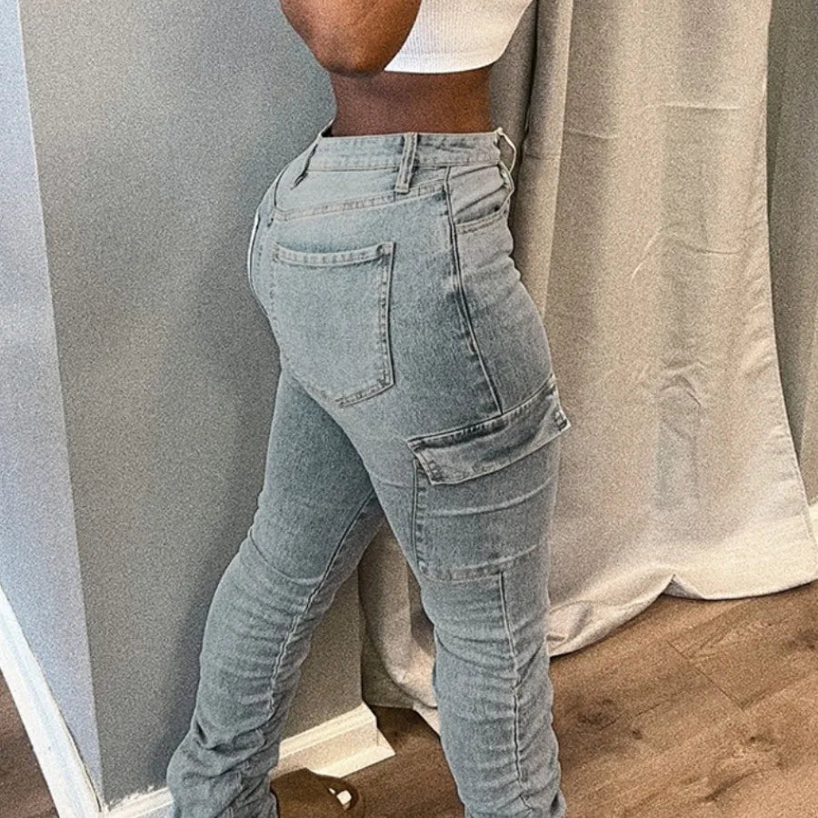 Plus Size High Waist Side Flap Pocket Cargo Jeans Women Zipper Ruched Design Jeans Causal Skinny Long Trouser Blue