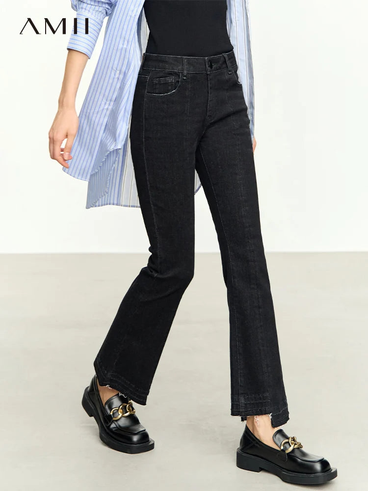 Minimalist Black Women Jeans Autumn Slim Ankle-length New Pants Asymmetrical Flare Retro Casual Trousers