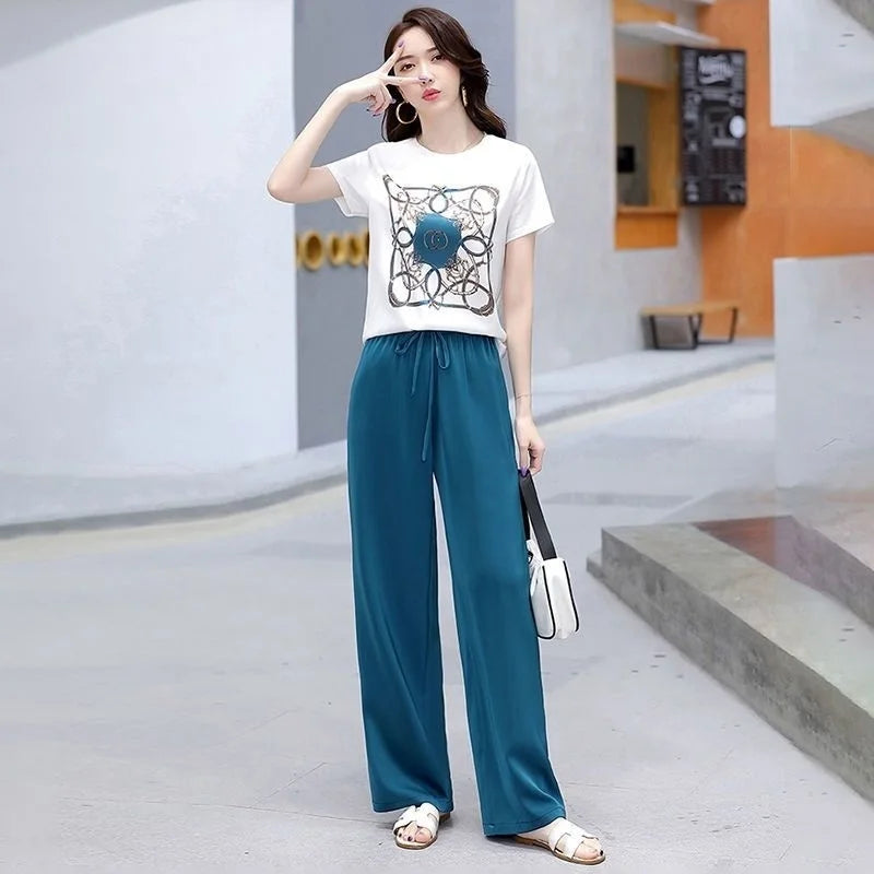 Women Casual Plus Size Clothing Suit 2025 Summer New Fashion Large Korean Short Sleeve Top Wide Leg Pants 2 Two Piece Set Female