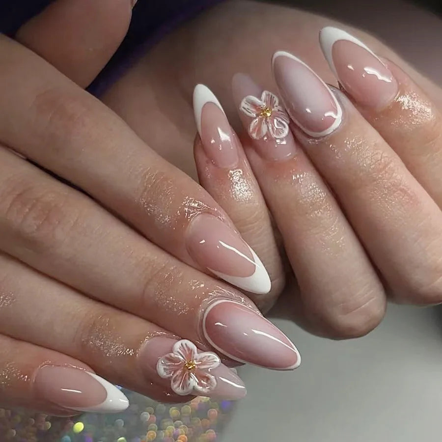 24pcs/set Short Medium fake nails for women girls 3D cute pink bow flowers leopard french square almond tips press on false nail