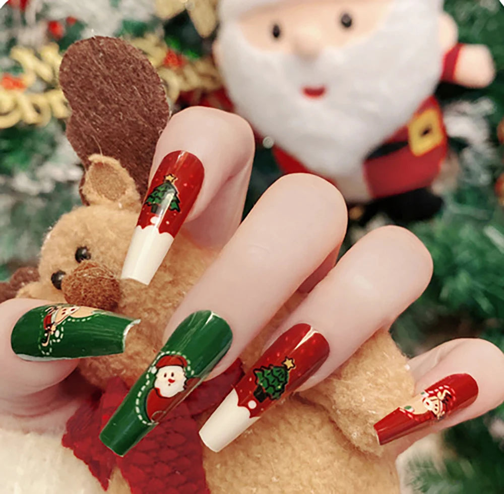 24Pcs/Box Christmas Women Wearable Fake Nails Finished Full Cover Europe America Christmas Collection Short Flat Nails Art Gift 38