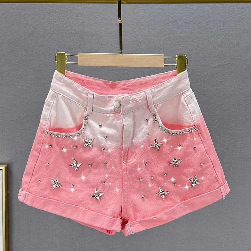 Sweet Gradient Color Exquisite Rhinestone Denim Shorts Women Summer High Waist Slimming Wide Leg Shorts Jeans Hot Pants Peach Pink