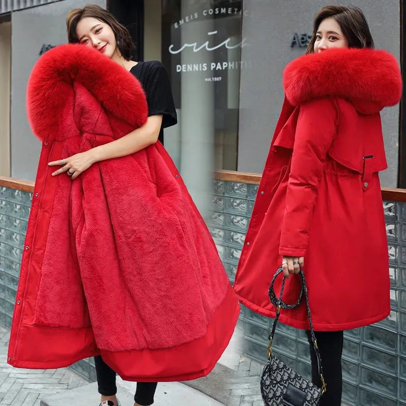 Winter Jacket Women Parka Clothes Long Coat Wool Liner Hooded Jacket Fur Collar Thick Warm Snow Wear Padded Parka