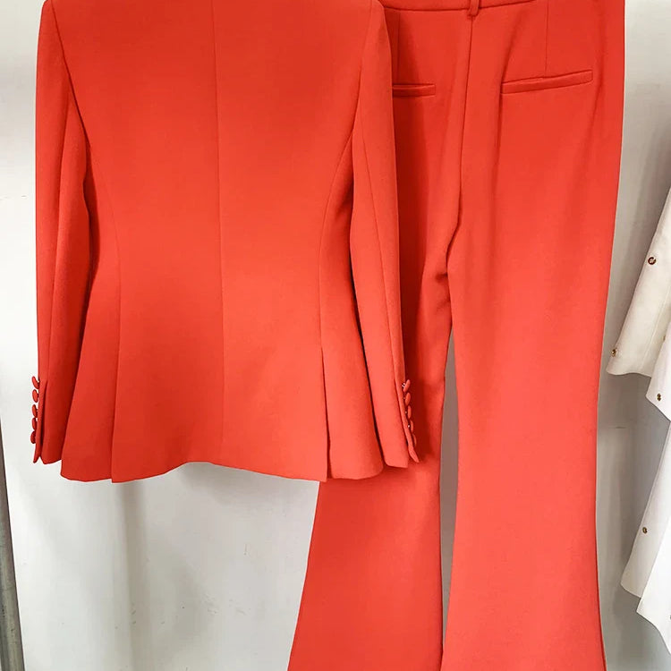 HIGH STREET Newest Spring Designer Career Fashion Suit Set Women's Single Button Slim Fit Blazer Flare Pants Suit Two Pcs