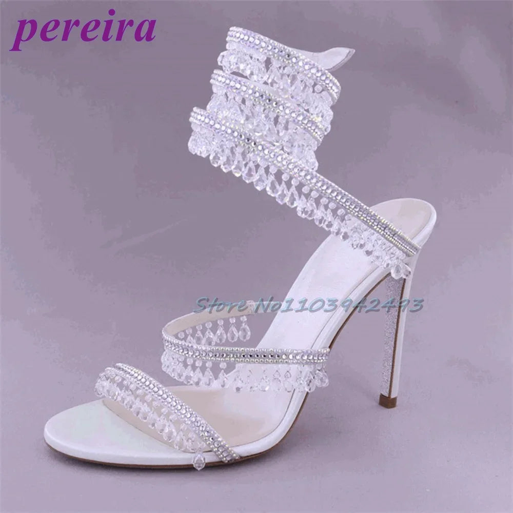 Snake-Shaped Heeled Sandals Open Toe Rhinestones Tassel High Heels Winding Pendant Designer Shoes Women Luxury Summer Dress 2025