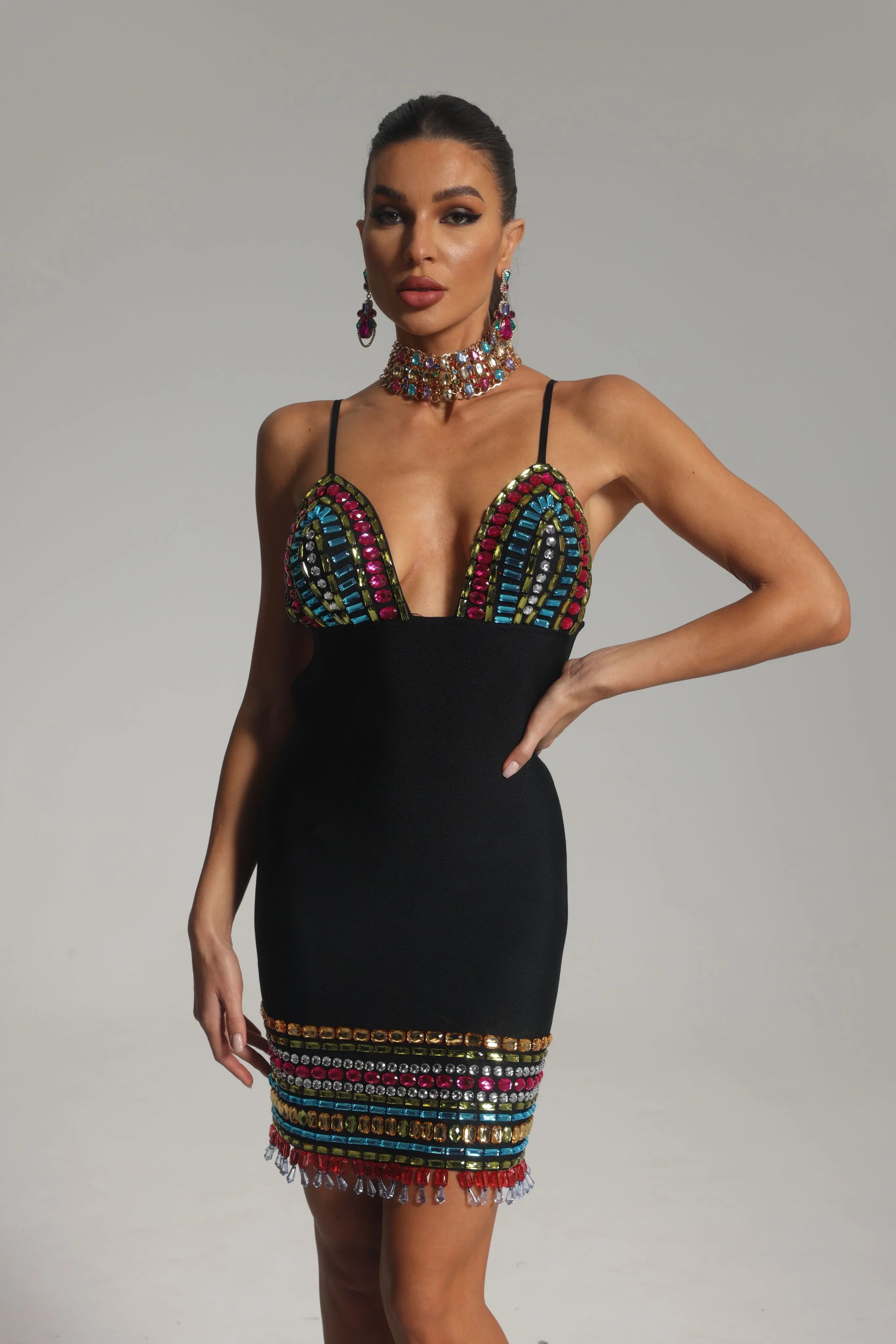 New Spring Women Sleeveless Sexy V-Neck Bodycon Midi Bandage Dress Colorful Crystal Nightclub Party Celebrate Dress black