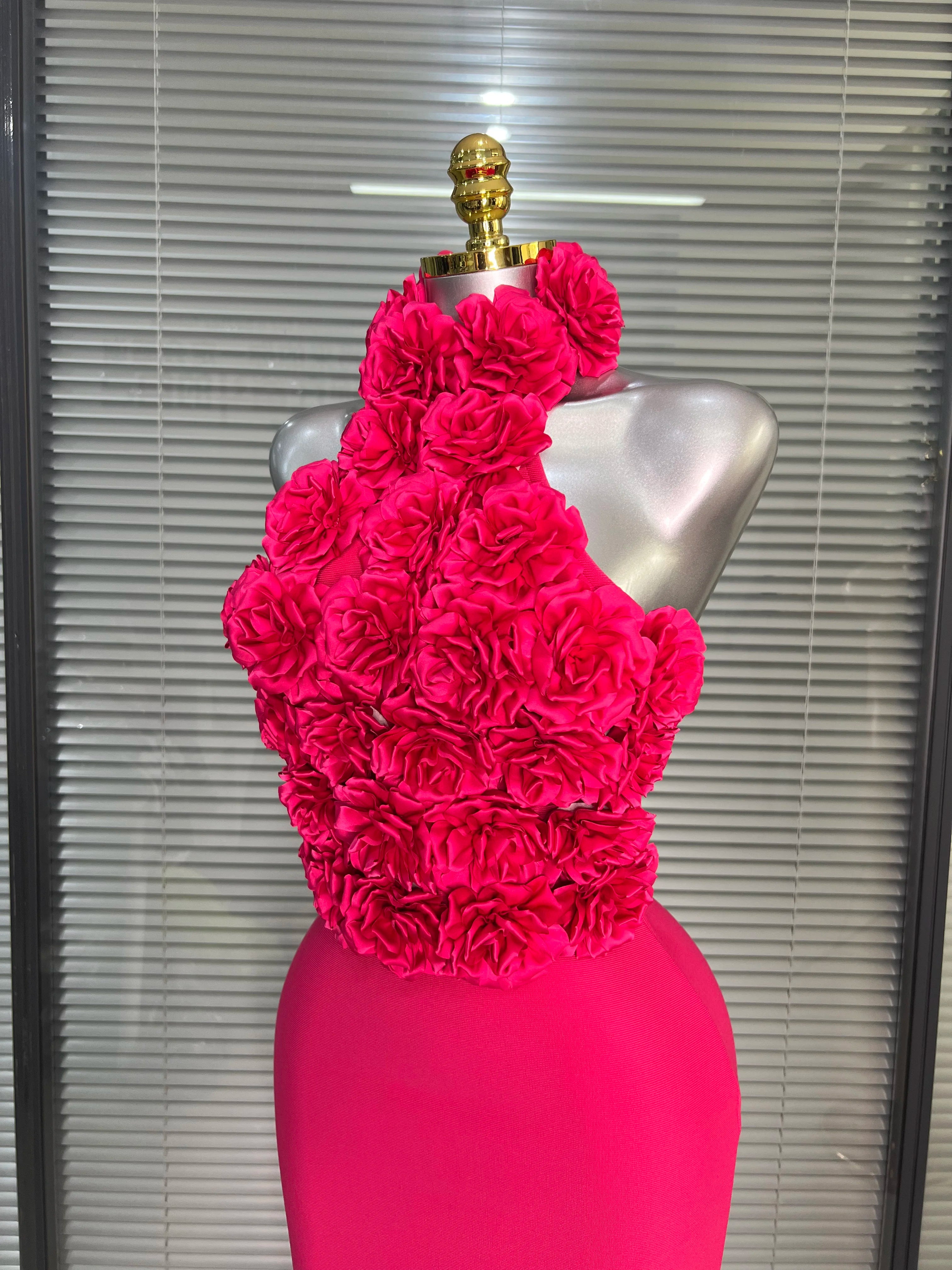 Women Sexy Hot Pink Flower Halter Long Bodycon Bandage Dress Birthday Backless Celebrity Party Dress
