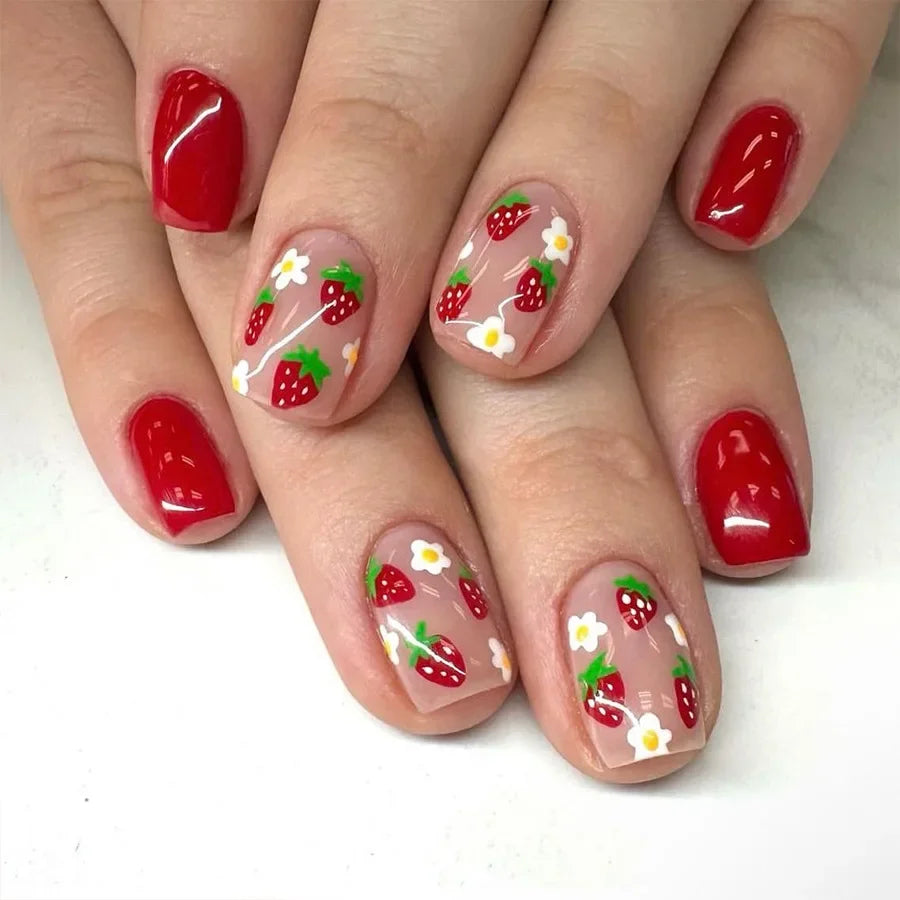 Faux ongles courts et carrés brillants, 24 pièces/boîte, pointe française colorée, motif floral, printemps-été, pour femmes