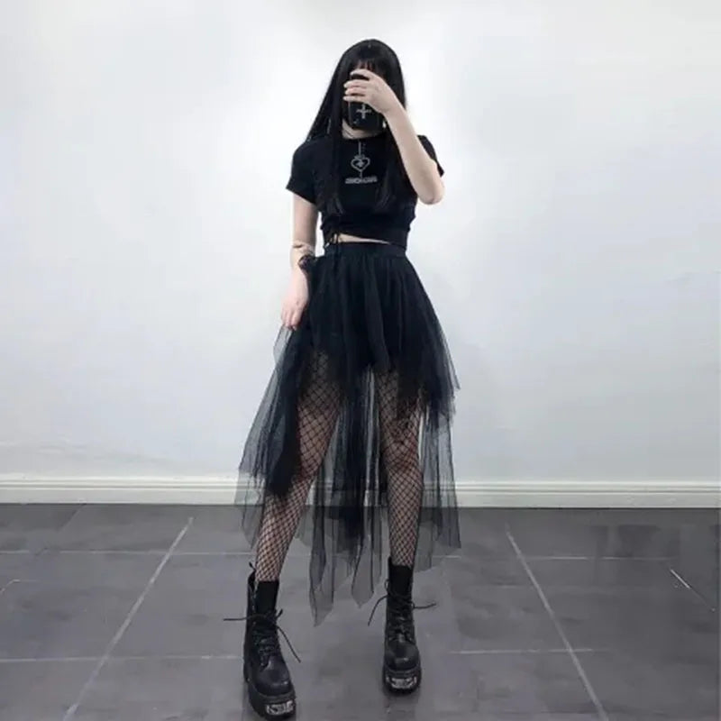 Gothic Black Mesh Skirt Women Summer Fashion High Waist Streetwear Irregular Midi Skirts Chic Dark Series Punk Stitching Skirts