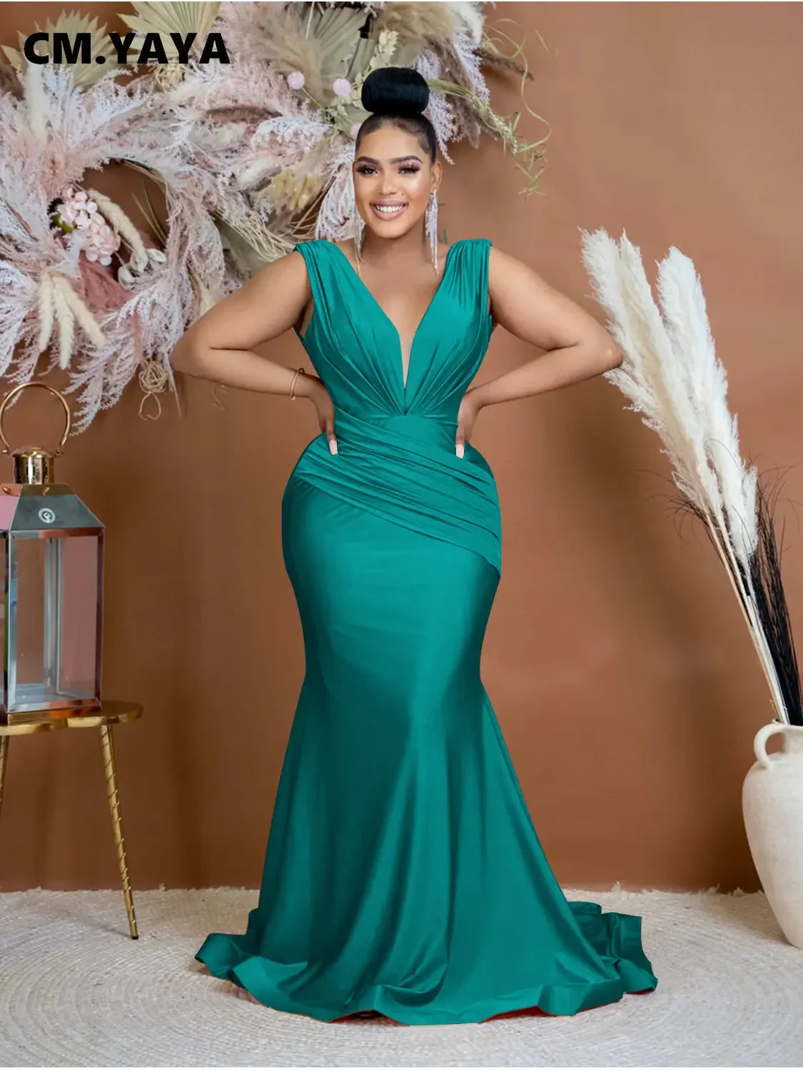 CM.YAYA Women Draped Waist Shoulder Sleeveless Deep V-neck Maxi Long Trumpet Mermaid Dress 2023 Club Sexy Party Evening Dresses