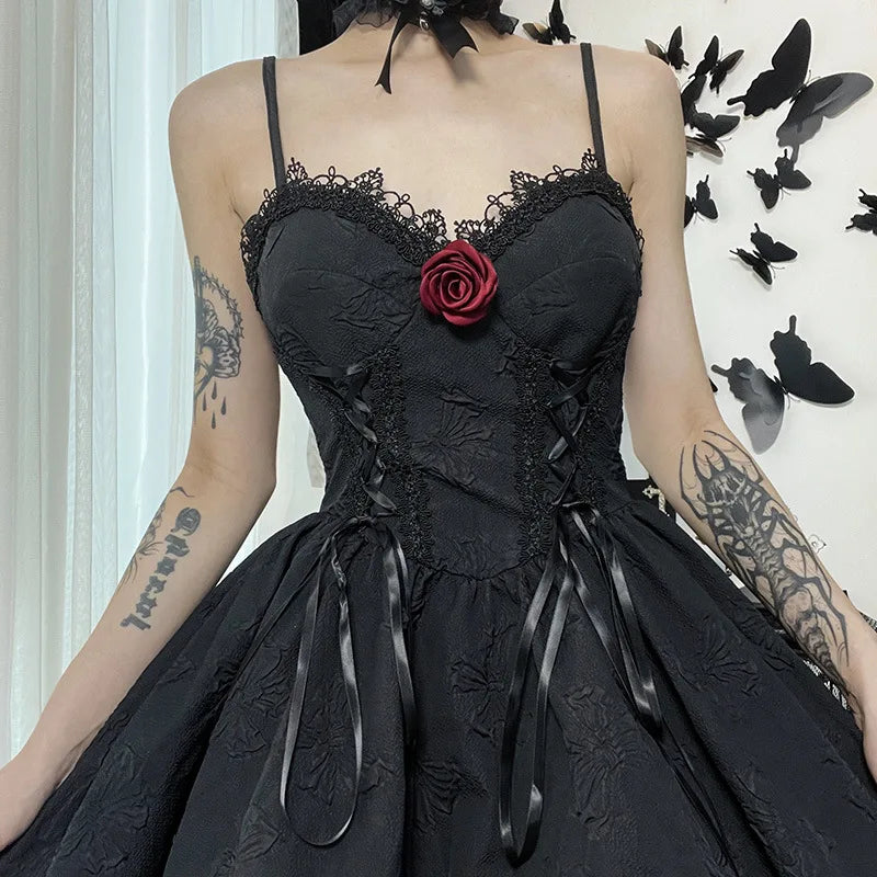 Goth Dark Tie Up Mall Gothic Elegant Women Dresses Grunge Aesthetic Jacquard A-Line Dress Emo Lace Trim Black Party Alt Clothes