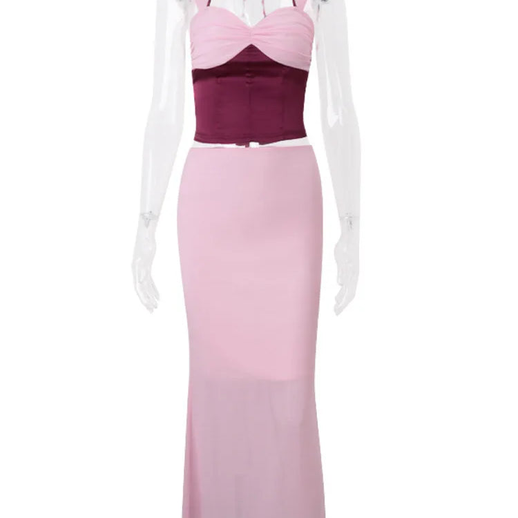 Sexy Skirt Two Piece Sets Women Halter Lace-up Cropped Tops And Maxi Skirt Ladies Fashion Sleeveless 2 Piece Sets