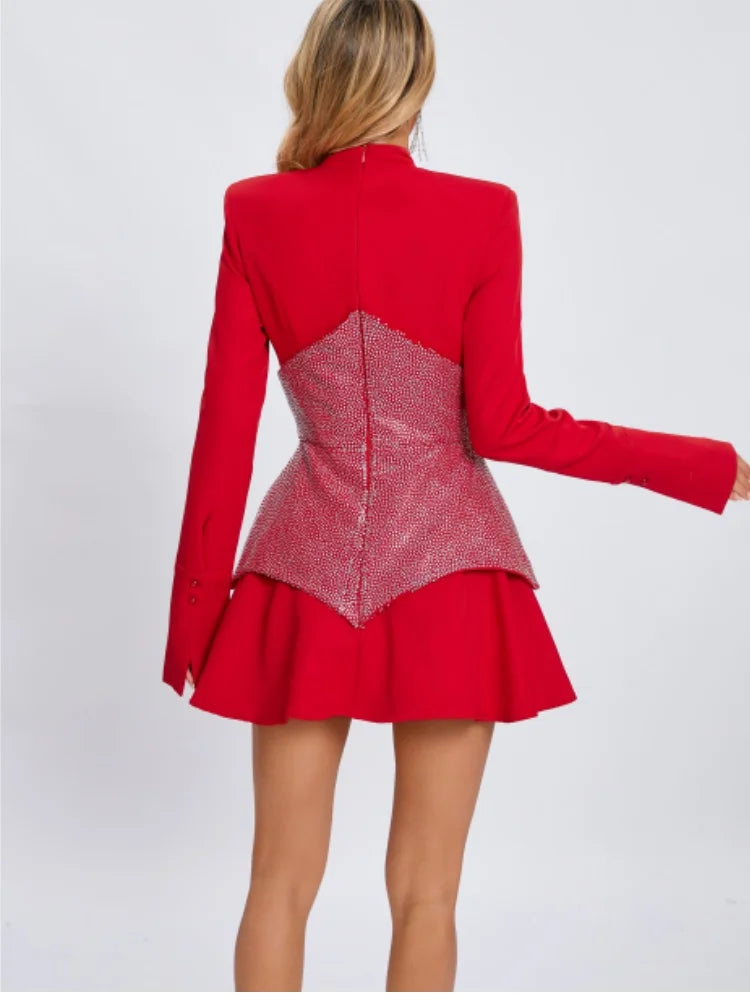 Arrival Black Red Women Long Sleeve Shinning Rhinestones A-Line Mini Dress Christmas Nightclub Party Celebrate Dress