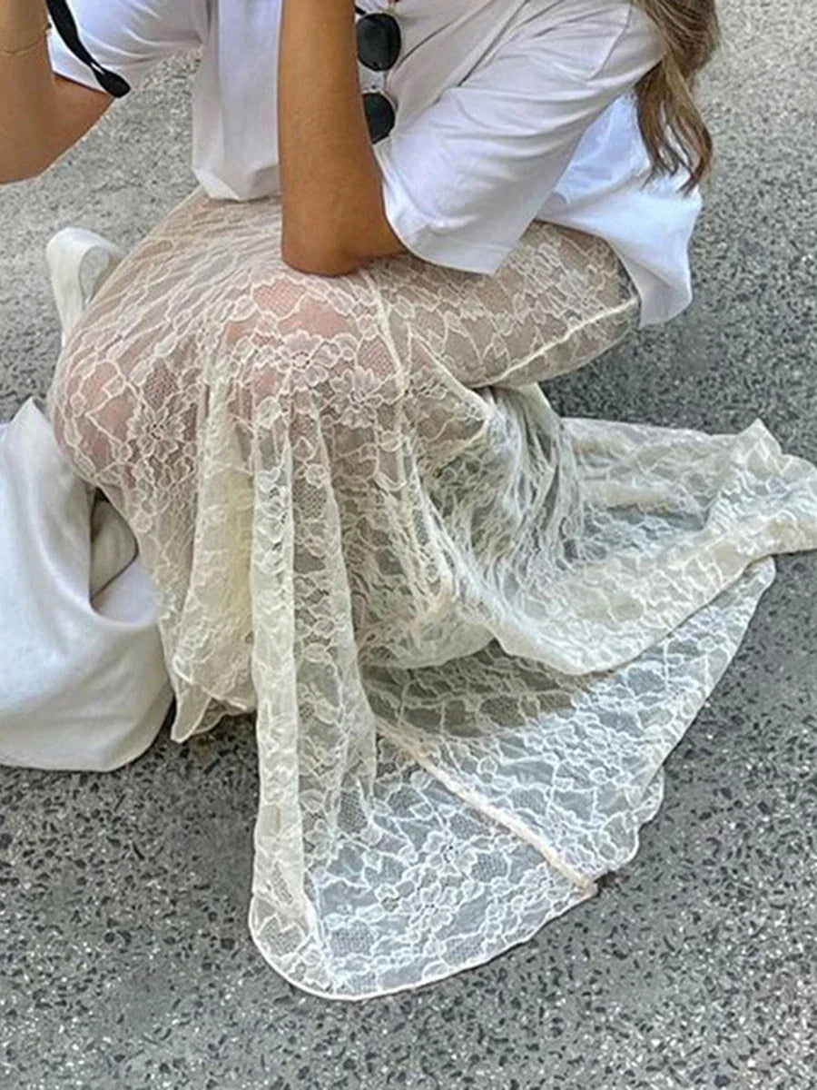 Women Lace Fishtail Skirt Casual for Beach Vacation See Through Mid-Waisted Maxi Skirts Women Autumn Spring