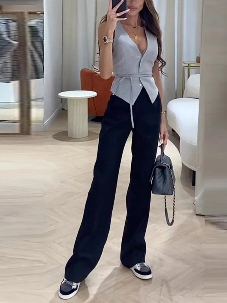 Sexy V-neck Vest Women High Street Sleeveless Lace Up Slim Female Tank Spring Summer Elegant Solid Office Lady Outwear