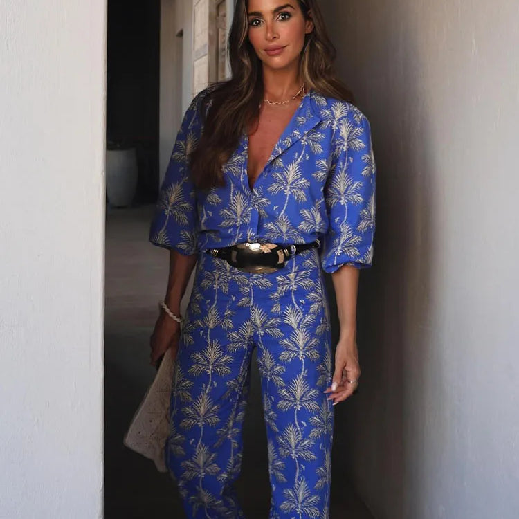 TRAFZA Women 2 Piece Set Print O-Neck Single-Breasted Decorate Long Sleeves Casual Top+Elegant Pocket Buttons Zipper Long Pant