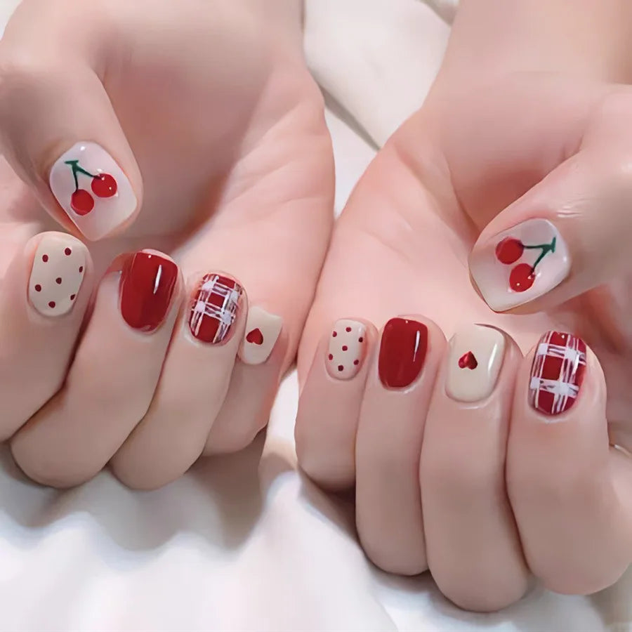 24pcs/set medium long fake nails for women cute gradient pink red heart rose flowers for Valentine's Day press on acrylic nails
