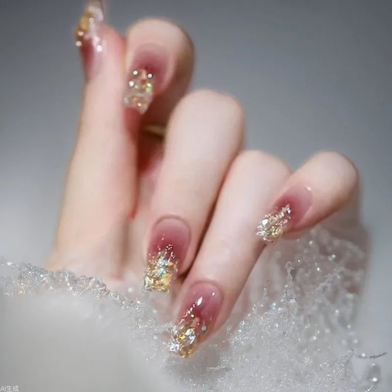 24pcs Pink French False Nails Art for Girls Sweet Cute Short Ballet Fake Nail Sets Finished with Bow Pearl Design Press on Nails