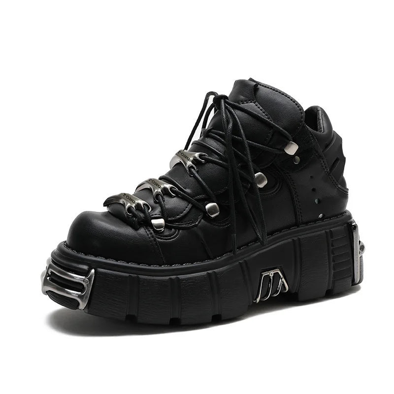 Punk Style Women Black Platform Shoes Metal Decor Lace-up Woman Rock Boots Gothic Black Leather Women Sneakers Botas 2025