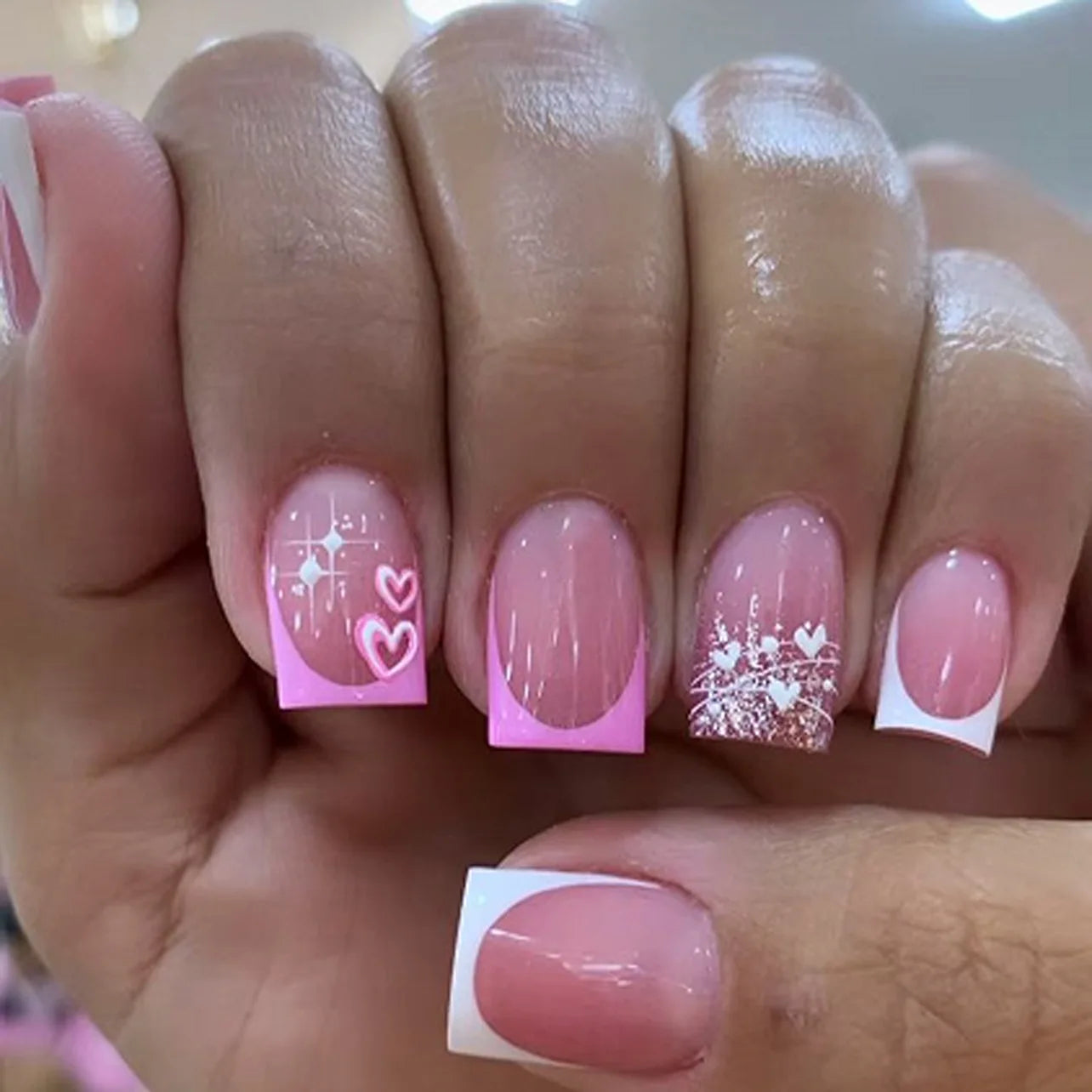 24Pcs Nude Pink French False Nails Press on Short Square Head Stick on Nails with Flower Pattern Design Wearable Fake Nail Tips