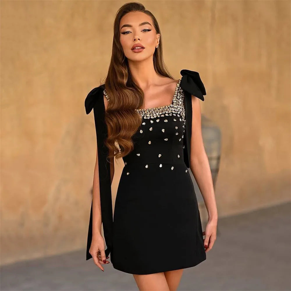 Women Celebrity Sexy Tank Diamonds Summer Black Mini Summer Bodycon Bandage Dress Elegant Evening Club Party Dress