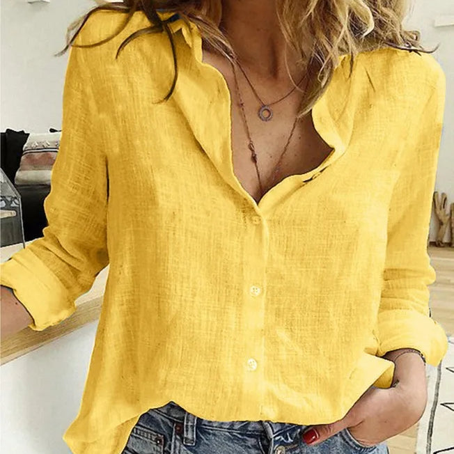 Women Casual Long Sleeve Cotton Linen Loose Shirt Elegant Solid Harajuku Lapel Blouse Vintage Oversize Tops Y2K Streetwear Tunic Yellow