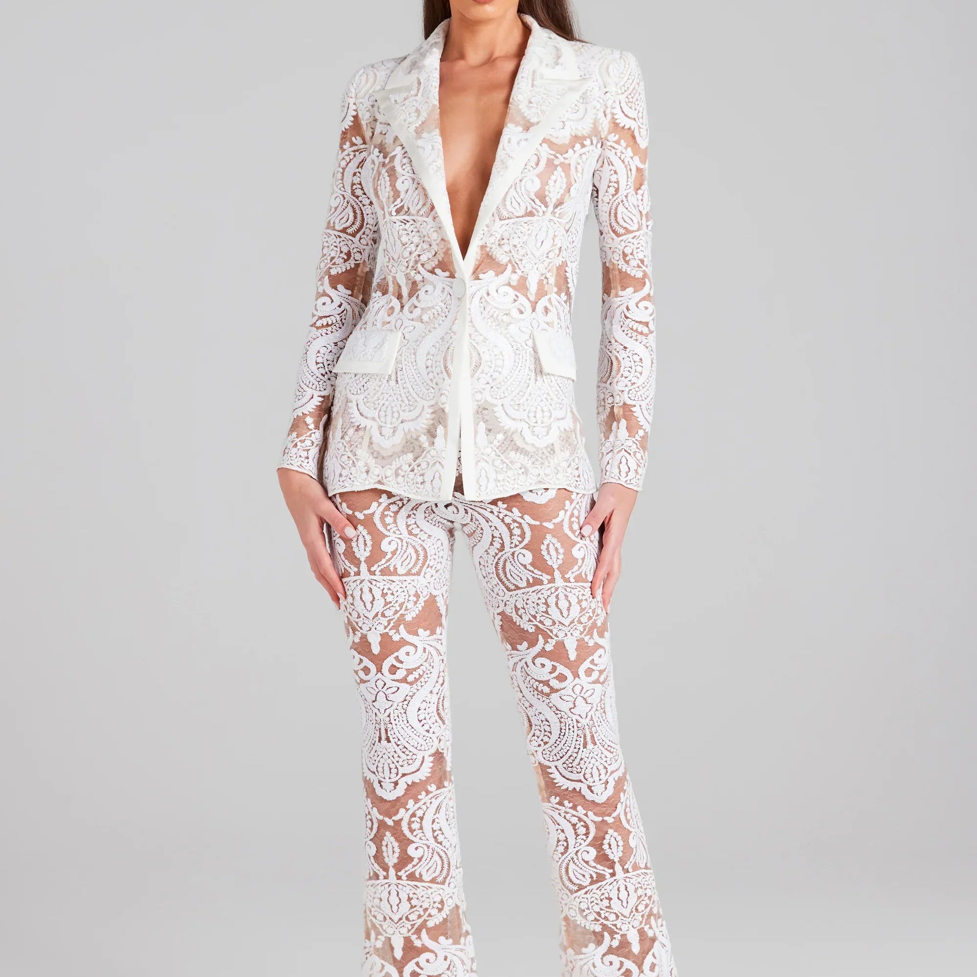 2023 High Quality White Lace Fashionable Woman Set Sexy See Through Suit Coat And Flare Pants 2 Pieces Evening Party Outfit WHITE
