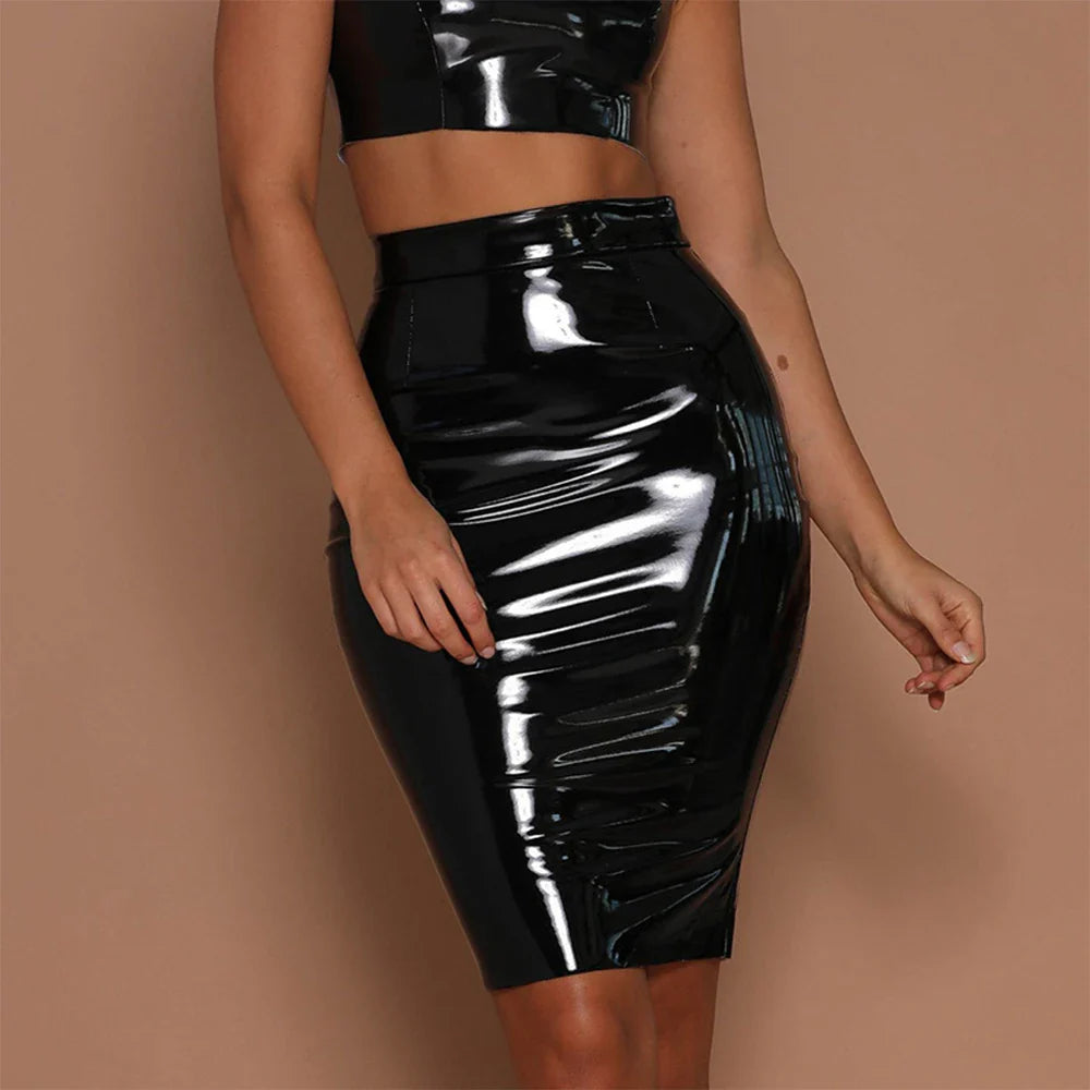 Women PU Leather High Waist Wet Look Bodycon Pencil Midi Skirts Dress Club Party Sexy Lady Outfits Bodycon Wrap Skirt Short Black CHINA