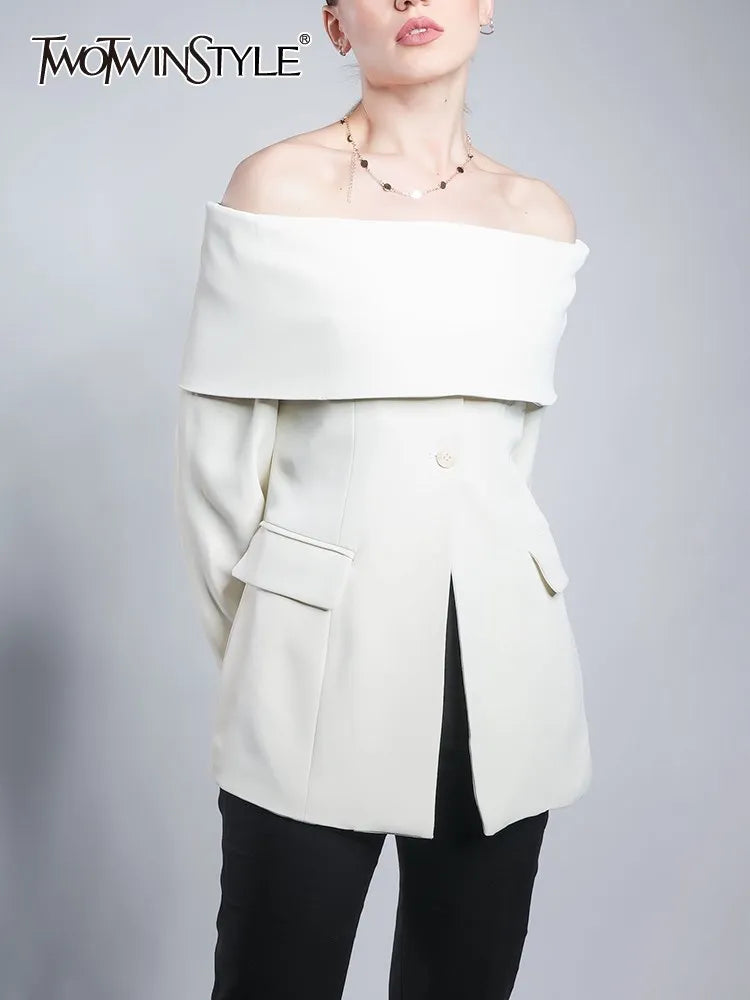 TWOTWINSTYLE Solid Temperament Blazers For Women Slash Neck Long Sleeve Patchwork Pocket Minimalist Slim Blazer Female Fashion