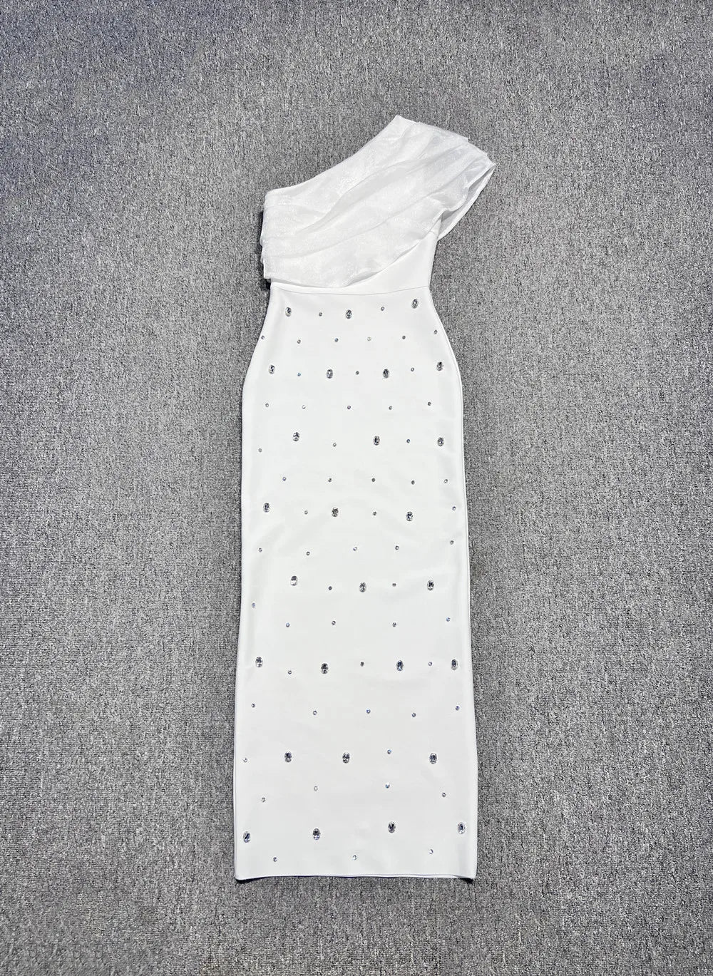 New White Color Women Sexy One Shoulder Shinning Crystal Bodycon Long Bandage Dress Celebrate Fashion Evening Party Outfit