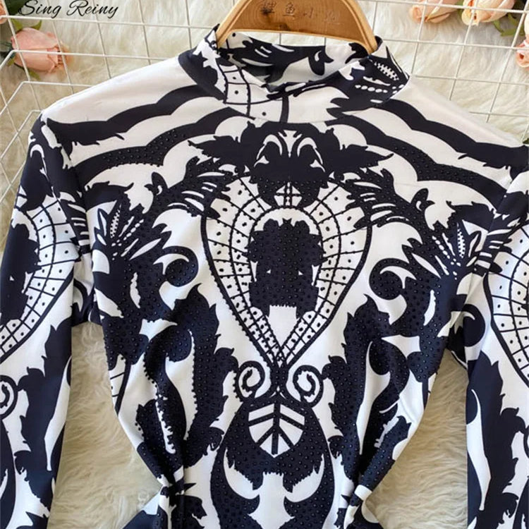 Design Autumn New Print Rompers Women Stand Collar Long Sleeve Slim Jumpsuits Chic Fashion Sexy Bodycon Short Bodysuit