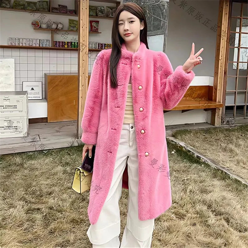 Long Faux Fur Coat for Women, Turn-down Collar, Loose Thicken Warm Teddy Jacket, High Quality Female Clothes, Winter, New, 2024 Pink