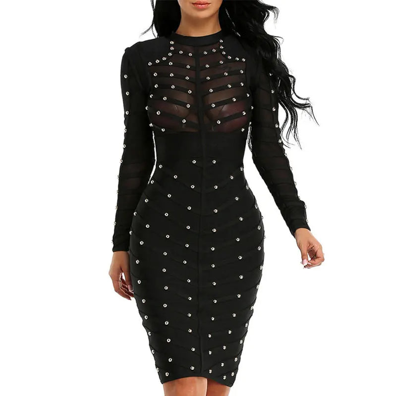 Vestido midi preto feminino de manga comprida, sexy, de malha com rebites, justo e bandagem, para festa à noite, comemoração