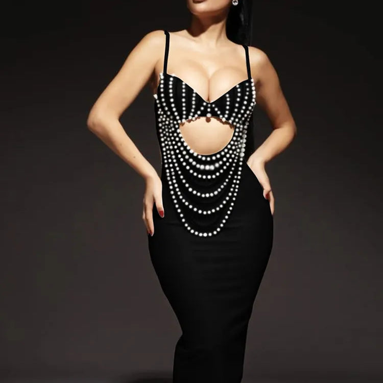Women Summer Fashion Sexy Sleeveless Diamonds White Pearl Tassel Bodycon Bandage Dress Elegant Evening Club Party Dress