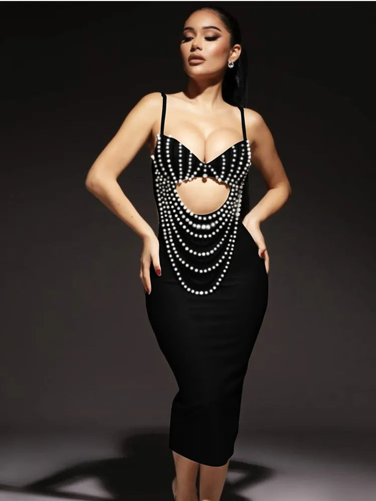 Women Summer Fashion Sexy Sleeveless Diamonds White Pearl Tassel Bodycon Bandage Dress Elegant Evening Club Party Dress