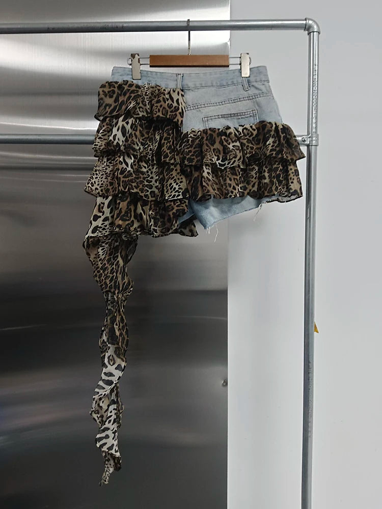 TWOTWINSTYLE Colorblock Designer Short Jeans For Women High Waist Spliced Denim Asymmetrical Designer Trousers Female Fashion