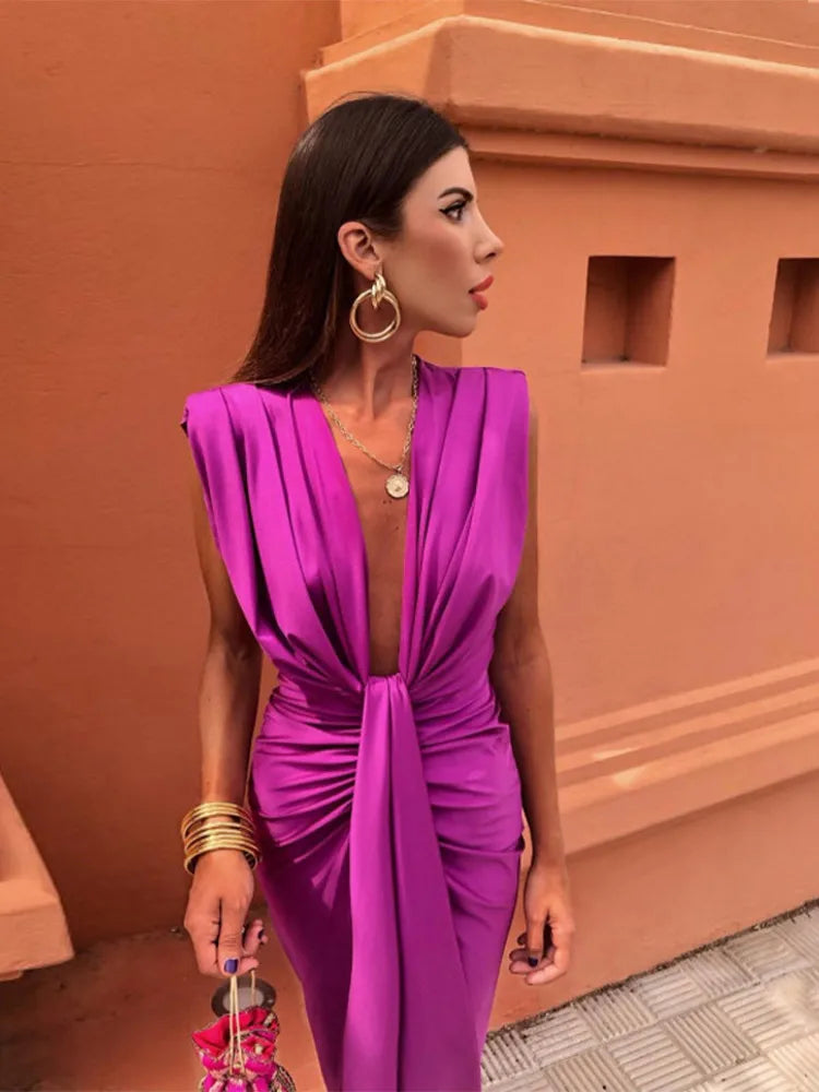 Sexy Deep V Neck Flods Split Dress Women Elegant Solid Sleeveless Midi Vestidos Summer New Ladies Evening Party Robes