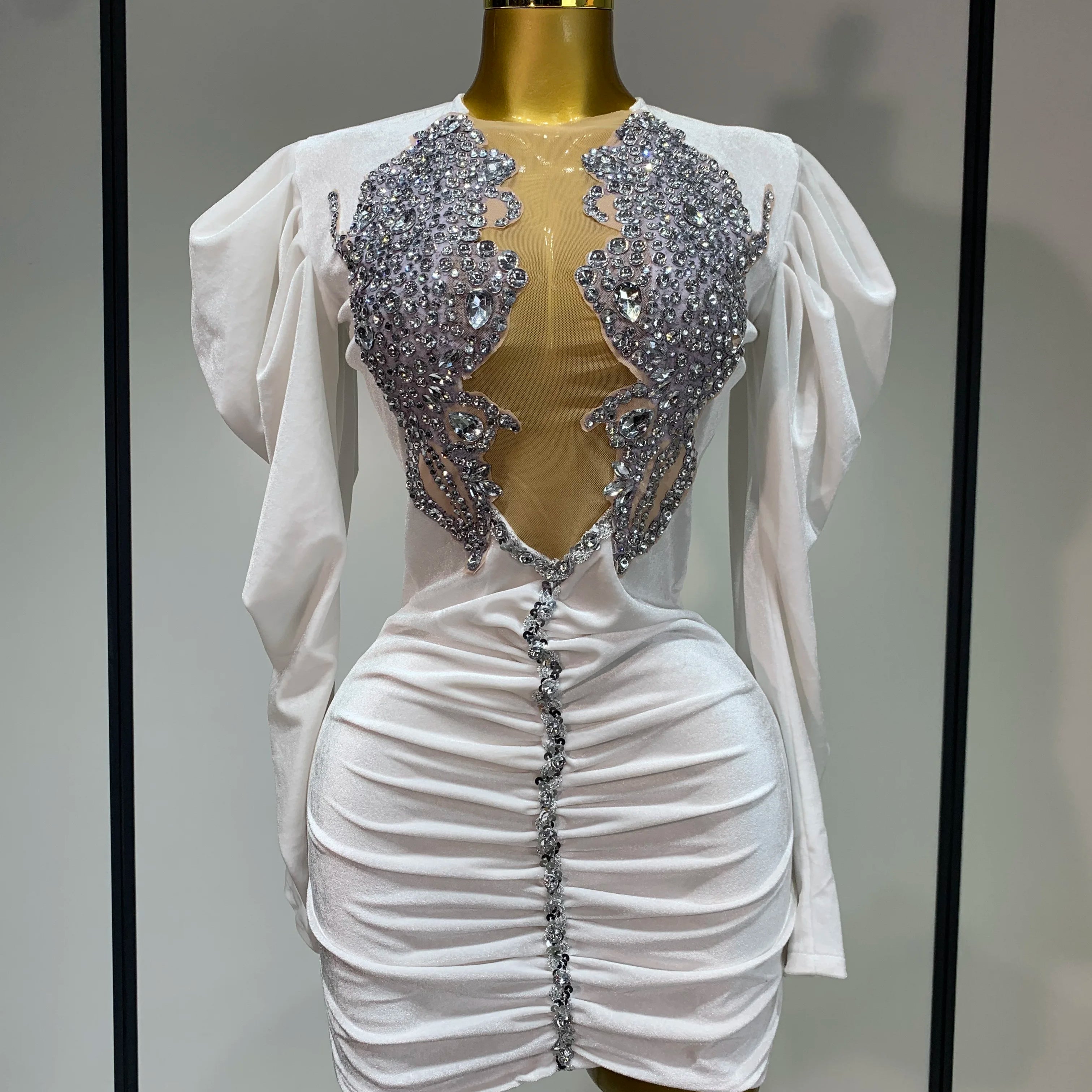 Sparkly Crystals Sexy Mesh Velvet Mini Dress 2025 Women White Elegant Evening Party Luxury Birthday Nightclub Stage Costume