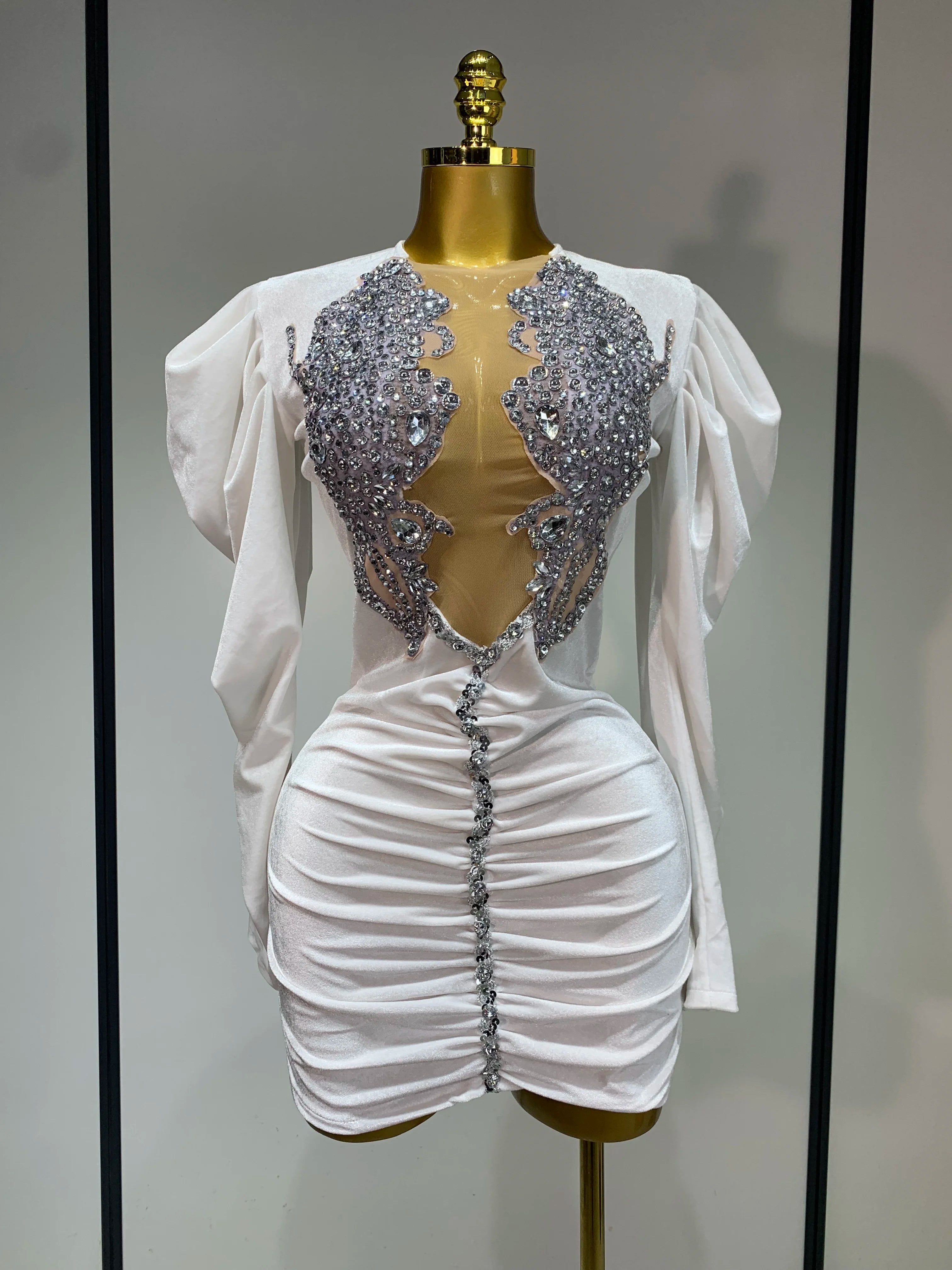 Sparkly Crystals Sexy Mesh Velvet Mini Dress 2025 Women White Elegant Evening Party Luxury Birthday Nightclub Stage Costume