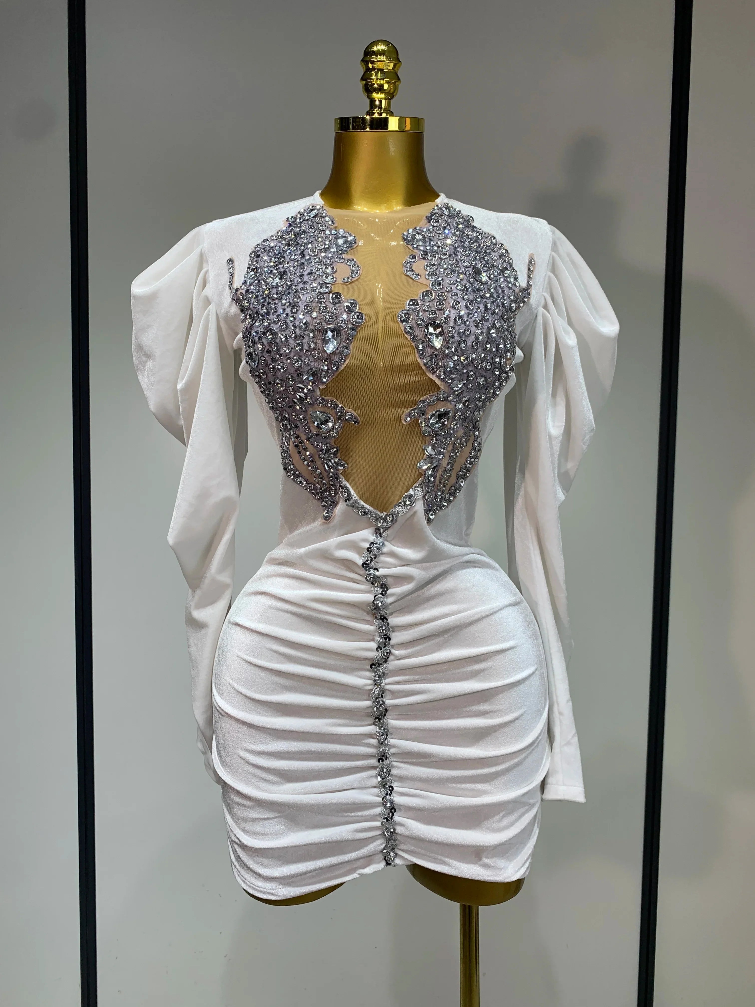 Luxury Birthday Dress Sparkly Crystals Sexy Mesh Velvet Short Dress Women Elegant Evening Party Nightclub Stage Costume