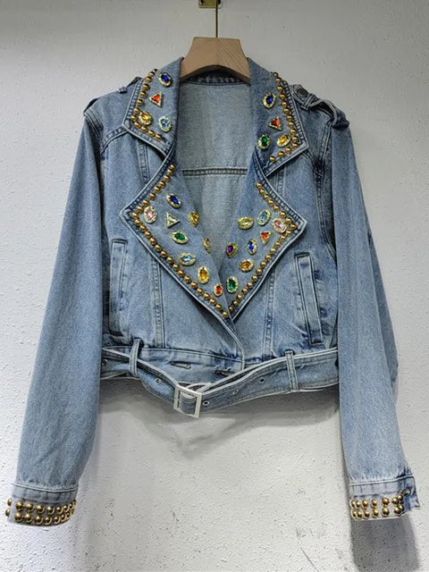 Women's Denim Coat Colored Embroidered Flares Rivet Long Sleeve Belt Waist Short Jackets Autumn New Fashion Blue