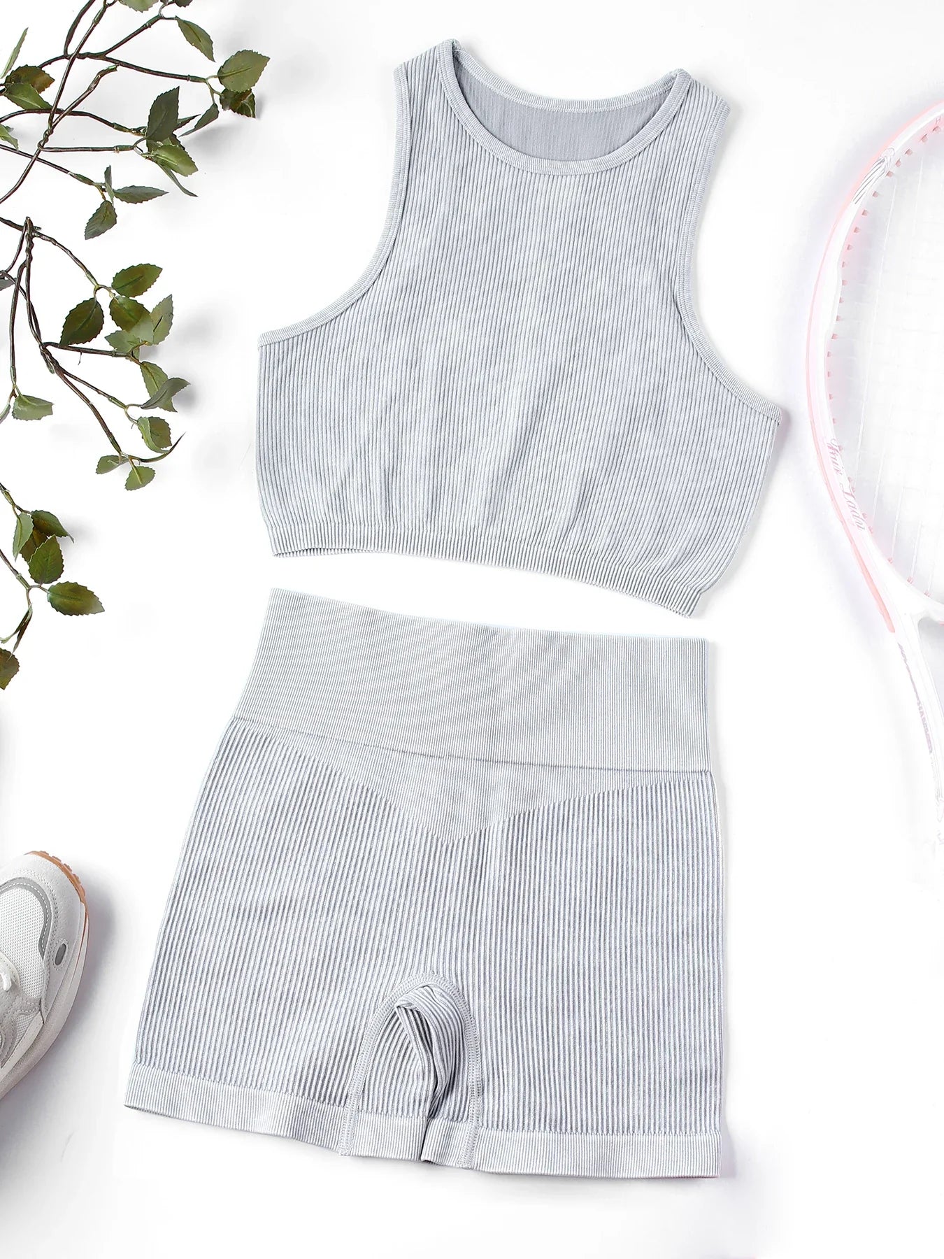 SALSPOR Wash Fitness Summer Sport Outfit for Woman High Waist Stretch Yoga Gym Set Women Activewear Running Outdoors Shorts Sets Grey
