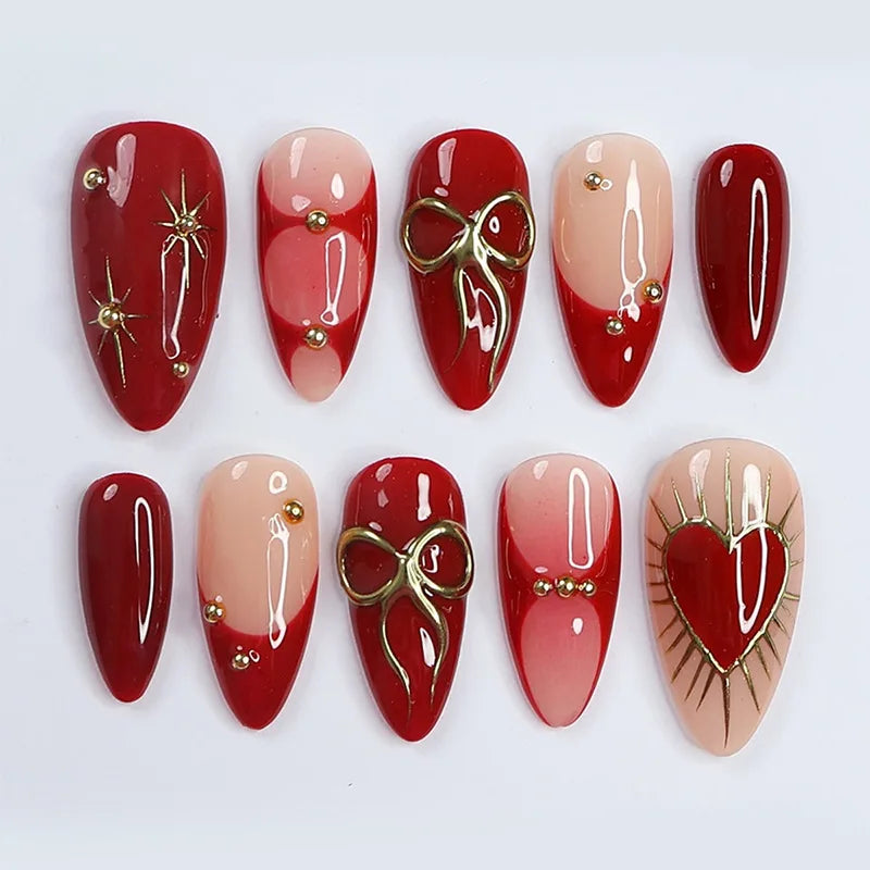 24Pcs Mid-length Almond Press on Fake Nails with Red Jellyfish Smudge Design False Nails 3D Shell Pattern Reusable Manicure Tips